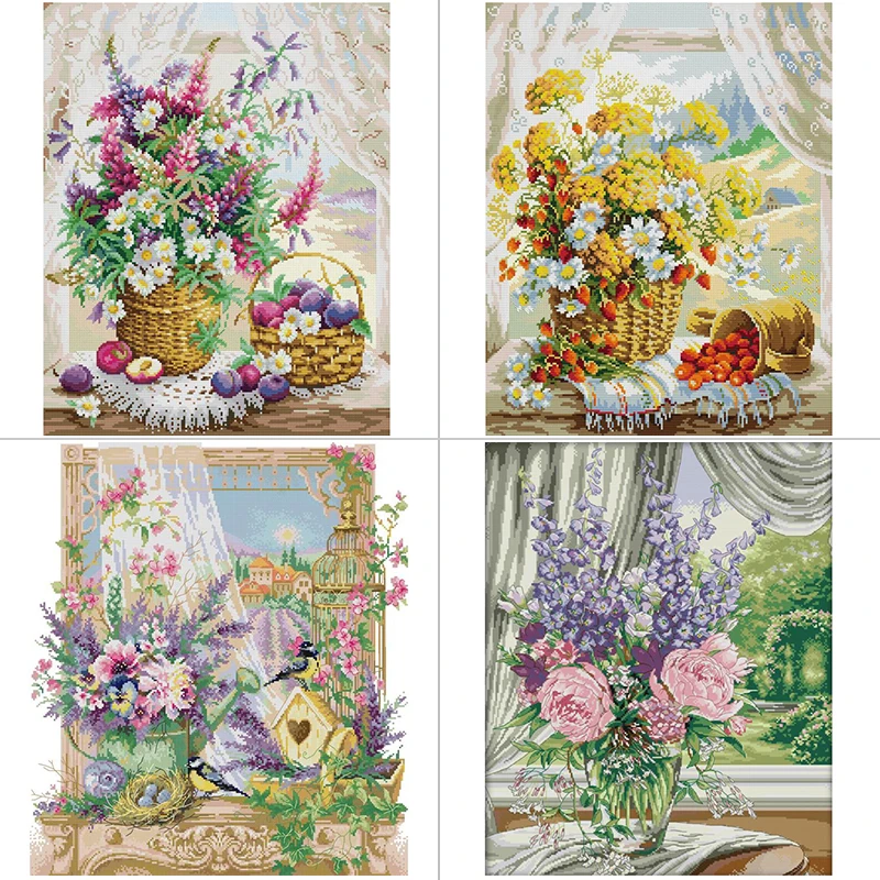 Home Textiles Discount - 窓枠フラワーバスケット花柄クロスステッチアイーダ 14ct 16ct 11ct スタンプ生地縫製キット DIY