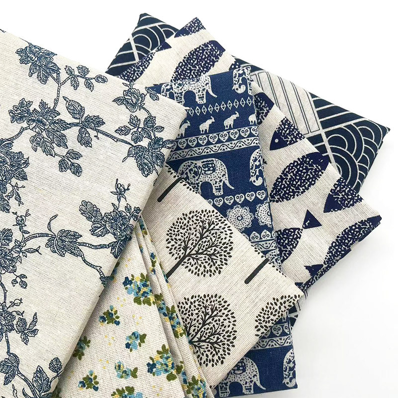 Home Textiles Discount - ヴィンテージブルーの花柄コットンリネン生地、テーブルクロス、ソファカバー、カーテン、家の装飾用DIY縫製材料