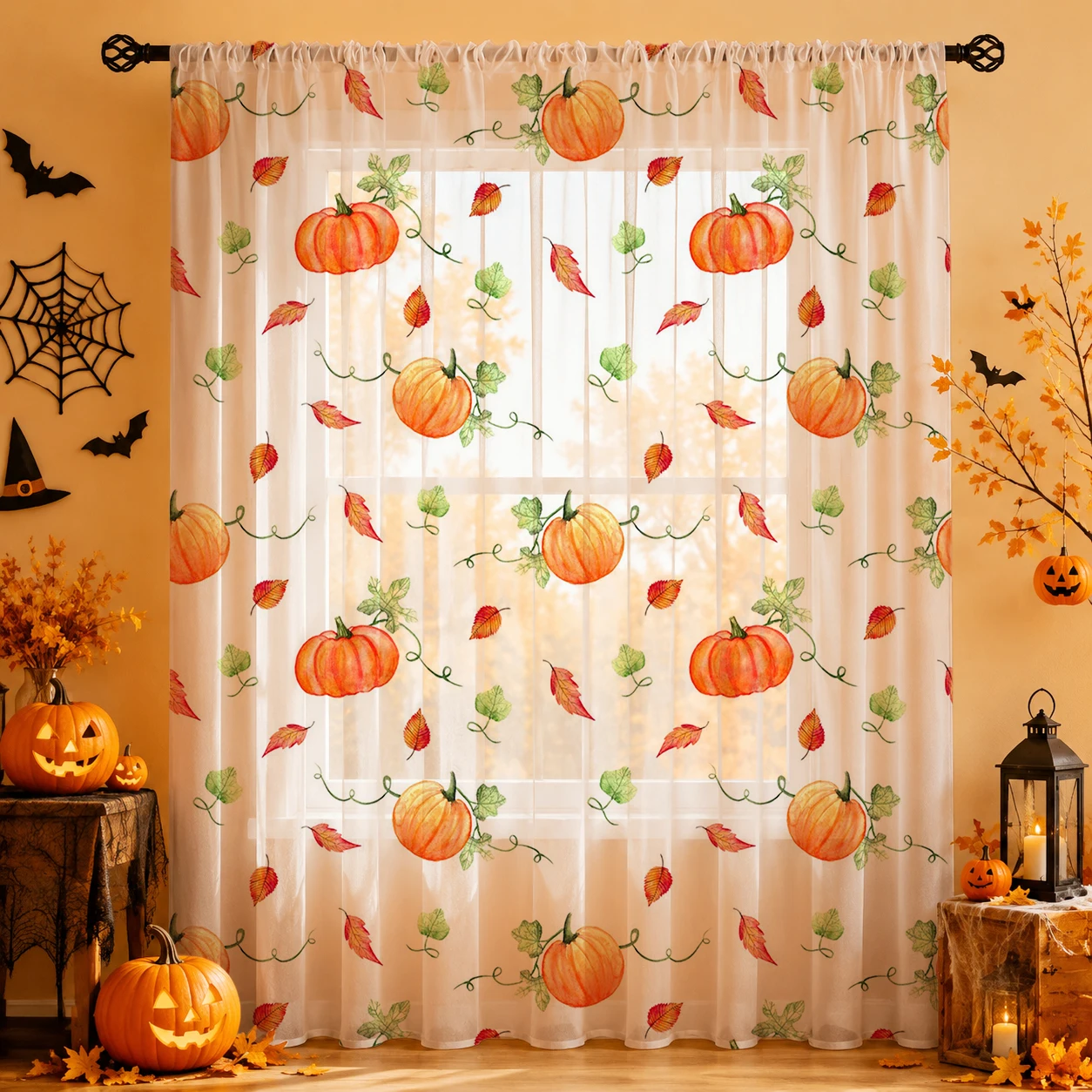 Curtain Sheer Voile - 1枚 ロッドポケット付き ホームデコレーション ハロウィン シアーボイルカーテン ハロウィンギフト