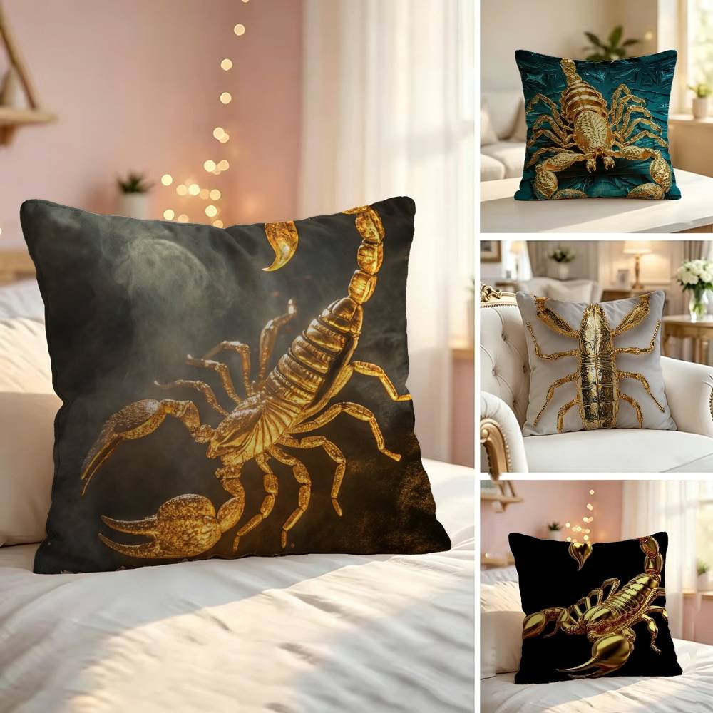 Home Textiles Luxury - ラグジュアリーゴールド S-スコーピオン スクエア 両面プリント枕カバー 寝室 ベッドサイド枕