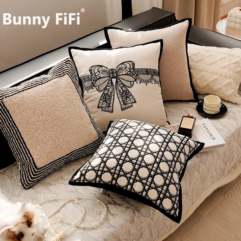 Pillow Cover 20X20 - 北欧風ラグジュアリーコケットレースボウクッションカバー、シェニールソフト幾何学模様装飾用スローピローケース、ソファベッドデコレーション用