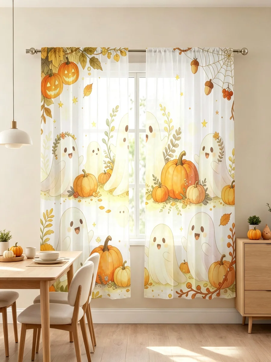 Curtain Sheer Voile - 2枚組デジタルプリントシアーカーテン、ハーベストゴーストスピリット、秋のハロウィン秋-寝室リビングルーム装飾用ボイルカーテン