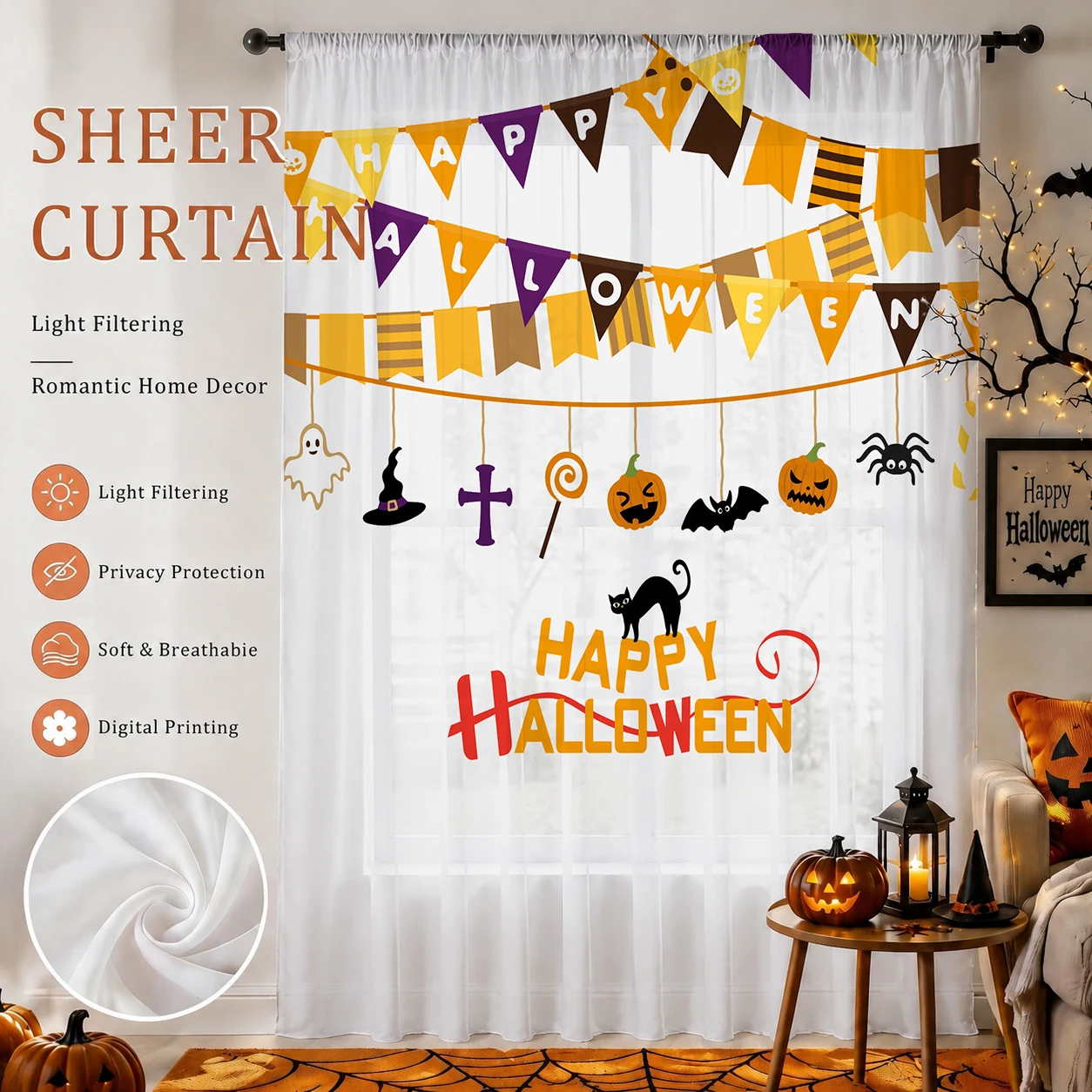 ハロウィンフェスティバル用シアーカーテン、高品質遮光プライバ - Curtain Sheer Voile のレビューと価格