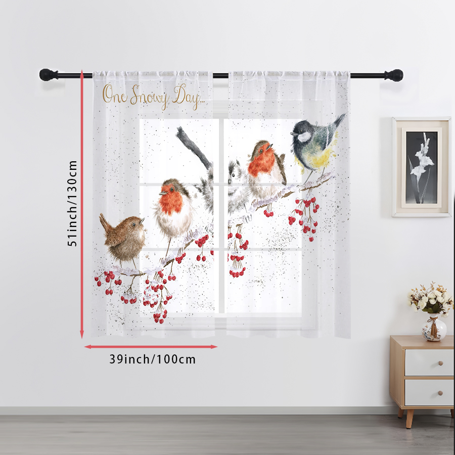 2枚組シアーカーテン 冬の鳥と赤いベリーの枝の水彩プリント、 - Curtain Sheer Voile のレビューと価格