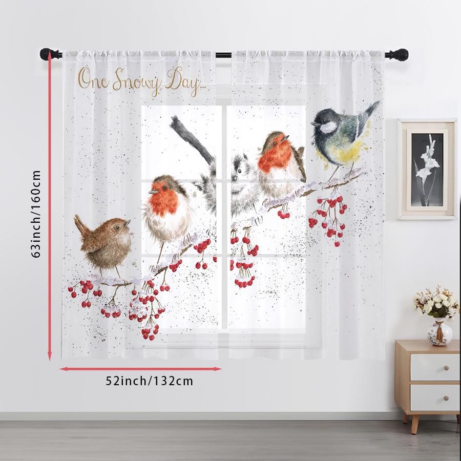 2枚組シアーカーテン 冬の鳥と赤いベリーの枝の水彩プリント、 - Curtain Sheer Voile のレビューと価格