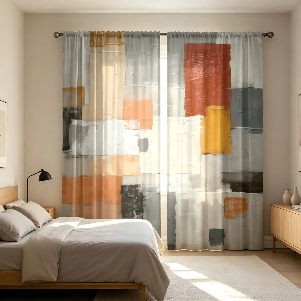 2枚組デジタルプリントシアーカーテン、カラーブロック幾何学模 - Curtain Sheer Voile のレビューと価格