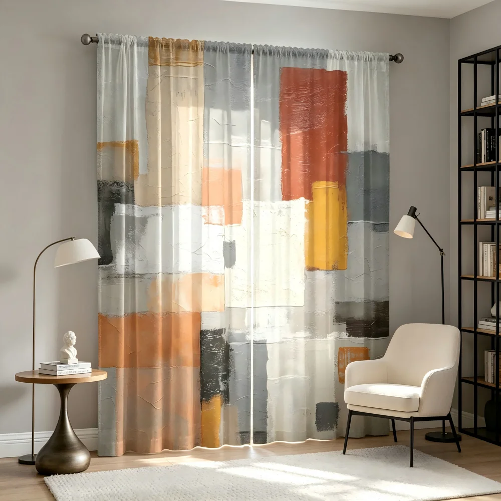 2枚組デジタルプリントシアーカーテン、カラーブロック幾何学模 - Curtain Sheer Voile のレビューと価格