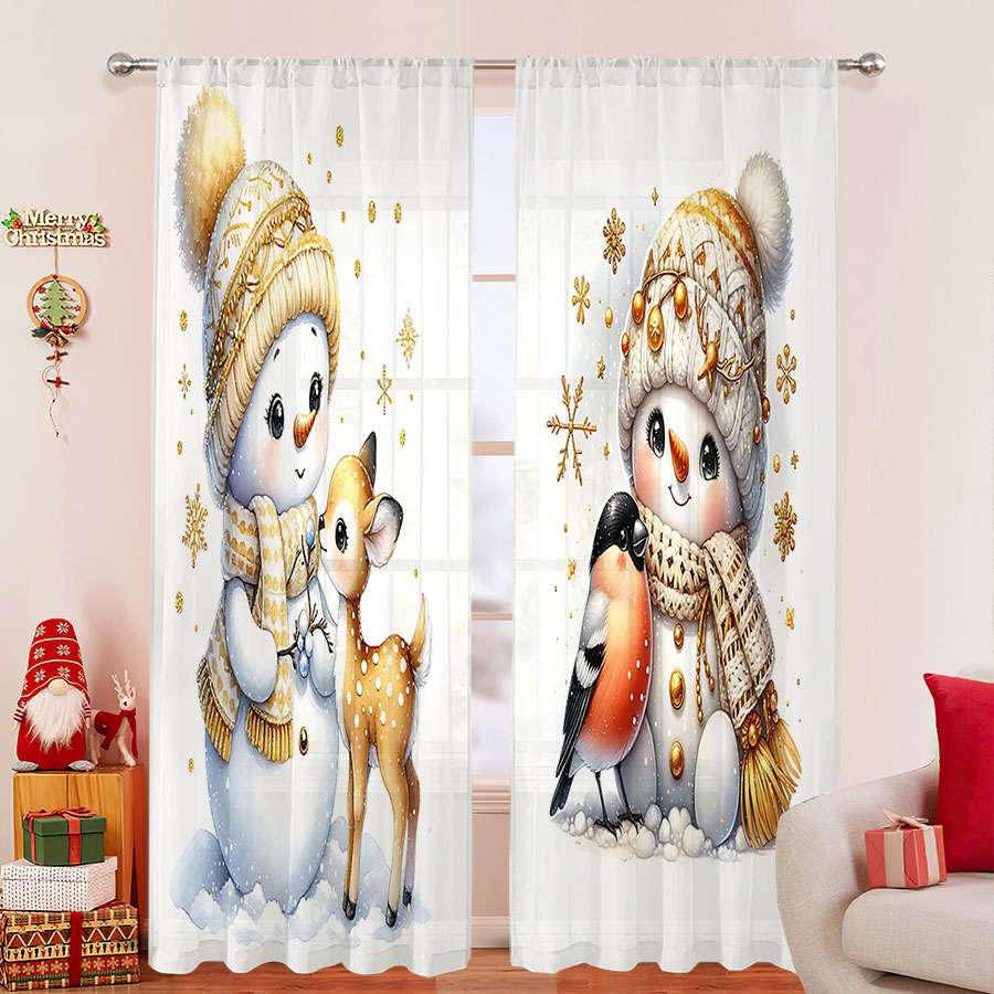 2枚組デジタルプリントシアーカーテン、かわいい雪だるま動物、 - Curtain Sheer Voile のレビューと価格