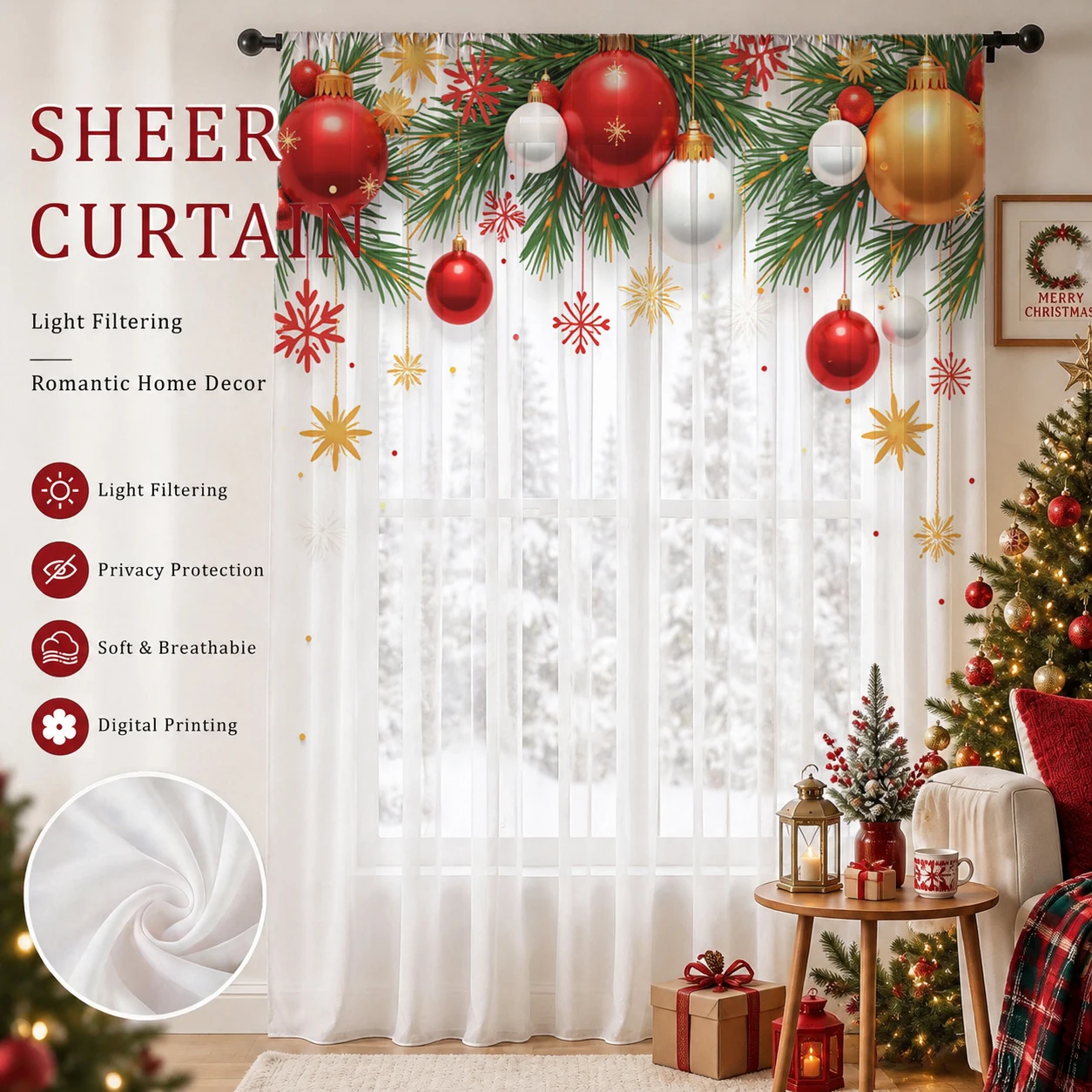 クリスマスデーグラデーションシアーカーテン、高品質遮光プライ - Curtain Sheer Voile のレビューと価格