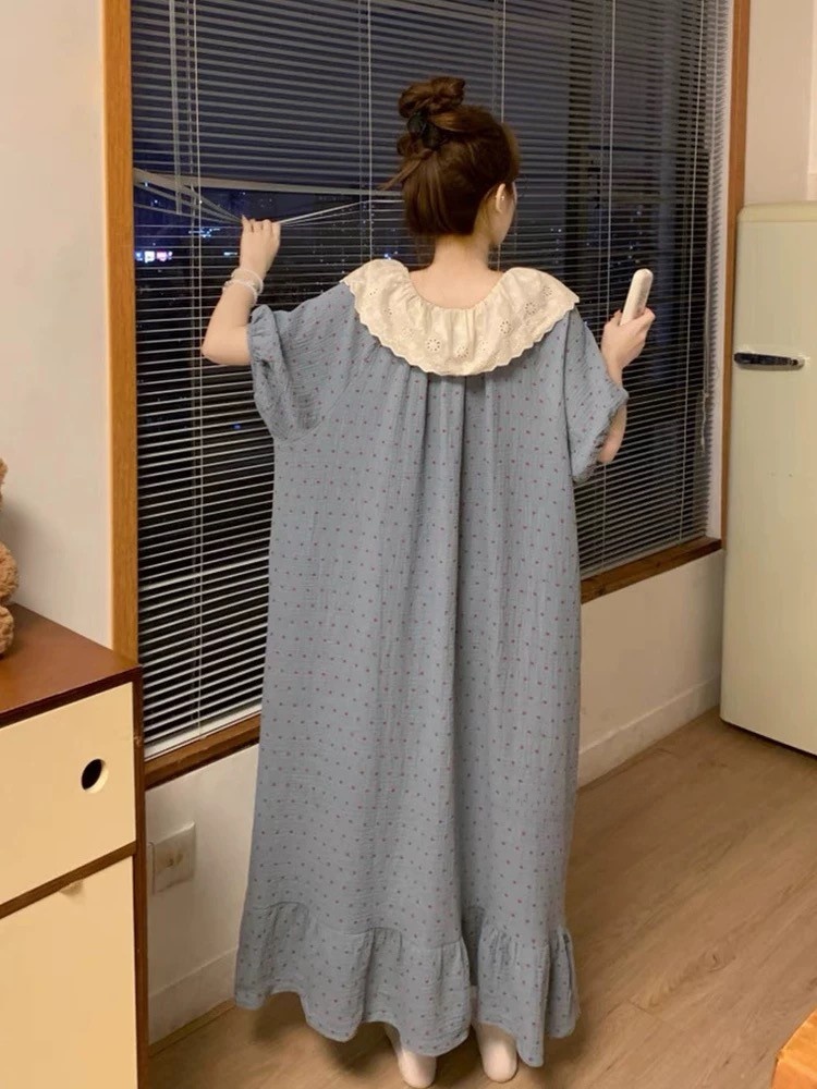 夏用プラスサイズ寝間着レーストリムルーズ半袖カジュアルロング - Home Textiles Store のレビューと価格