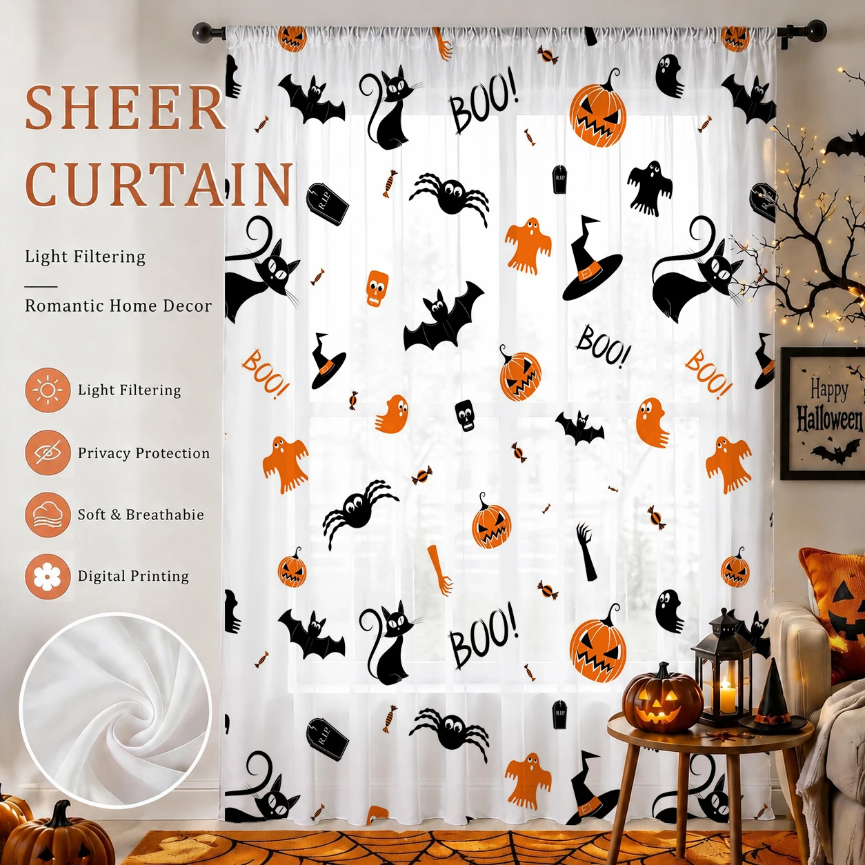 ハロウィンフェスティバル用シアーカーテン、高品質遮光プライバ - Curtain Sheer Voile のレビューと価格