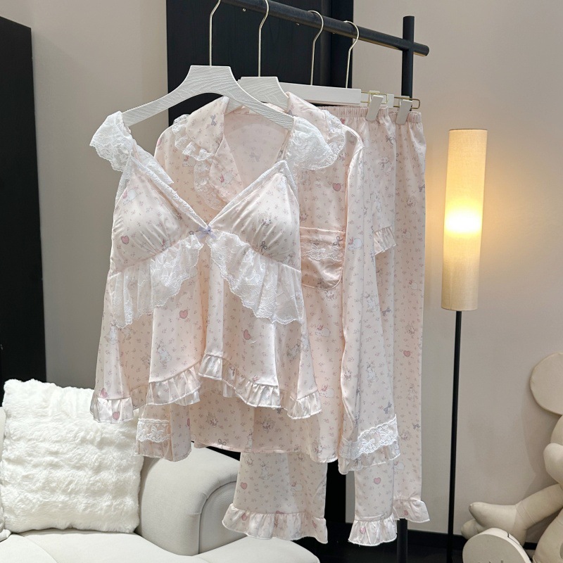 ピンクの寝間着甘いレースフリルキャミトップショーツ 4 個女 - Home Textiles Store のレビューと価格