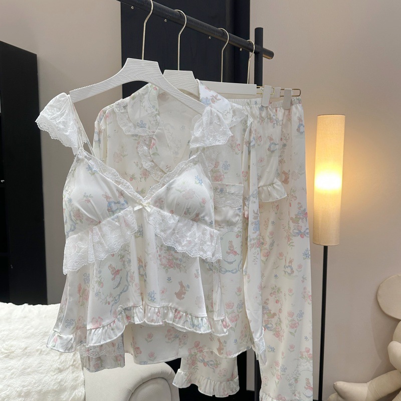ピンクの寝間着甘いレースフリルキャミトップショーツ 4 個女 - Home Textiles Store のレビューと価格