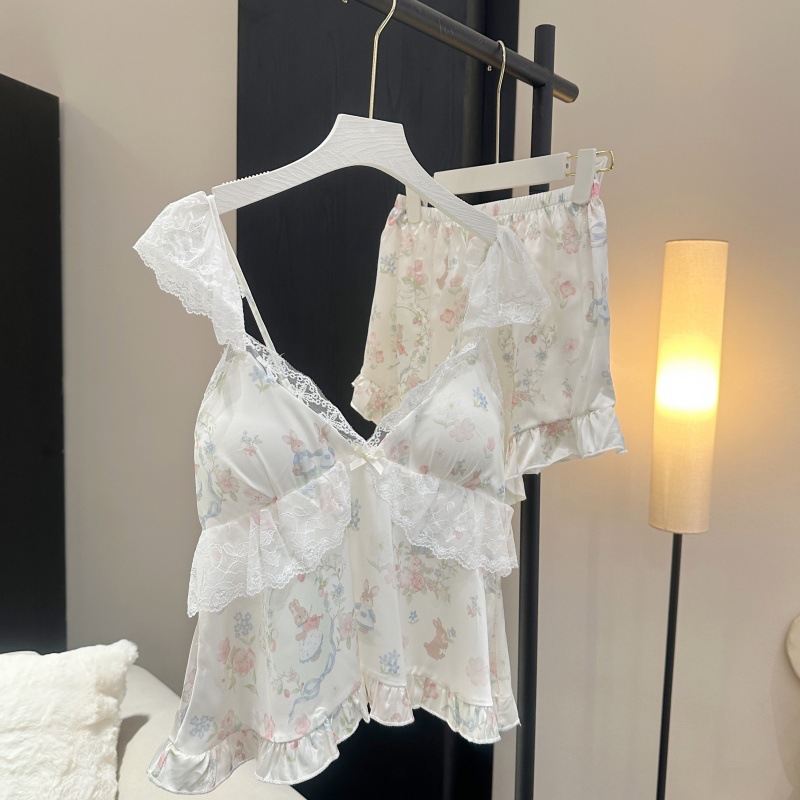 ピンクの寝間着甘いレースフリルキャミトップショーツ 4 個女 - Home Textiles Store のレビューと価格