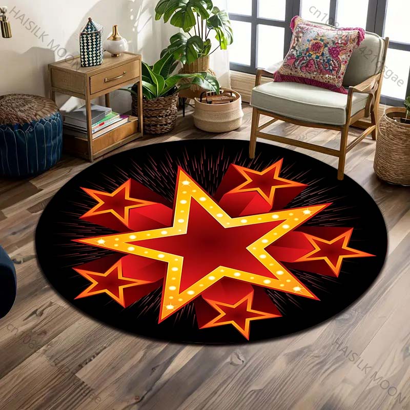 複数のサイズ、5つの光る赤い星がプリントされた丸型カーペット - Home Textiles Luxury のレビューと価格