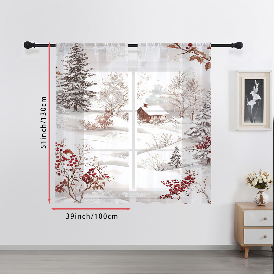 2枚組シアーカーテン 冬の雪の村 レッドベリーパインツリープ - Curtain Sheer Voile のレビューと価格