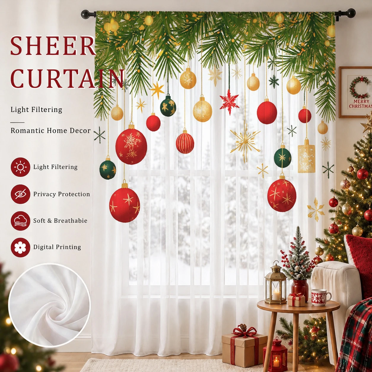クリスマスグラデーションシアーカーテン、高品質遮光プライバシ - Curtain Sheer Voile のレビューと価格