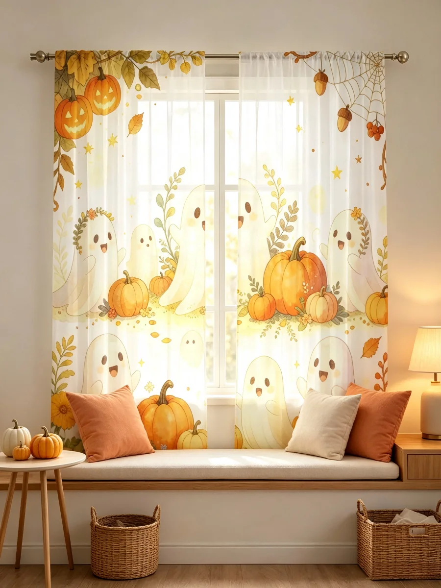 2枚組デジタルプリントシアーカーテン、ハーベストゴーストスピ - Curtain Sheer Voile のレビューと価格